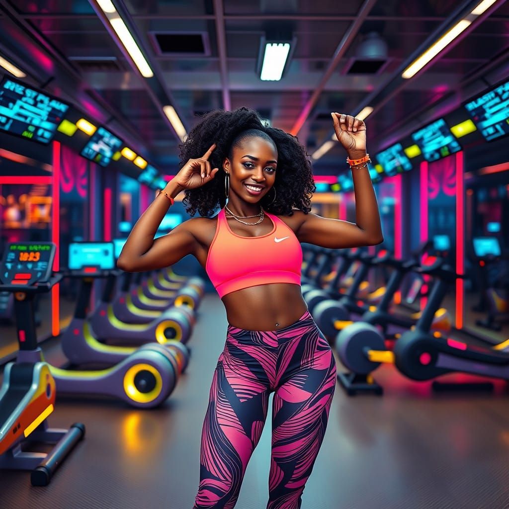 Afro-Futurist Fitness Goddess in Neon-Lit Gym