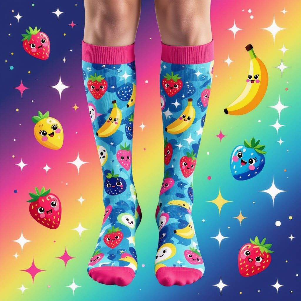Whimsical Fruit Socks in Space: Pop Surrealism Design
