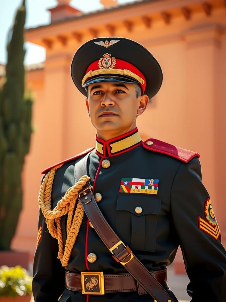 Proud Mexican Soldier in Ornate Uniform Against Colonial Hac...