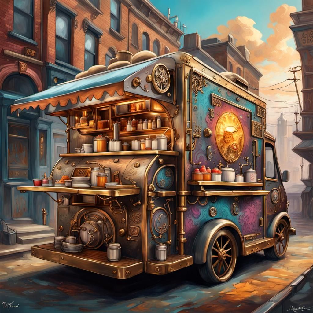 Steampunk Food Truck Serving Gourmet Food, Graffiti Art