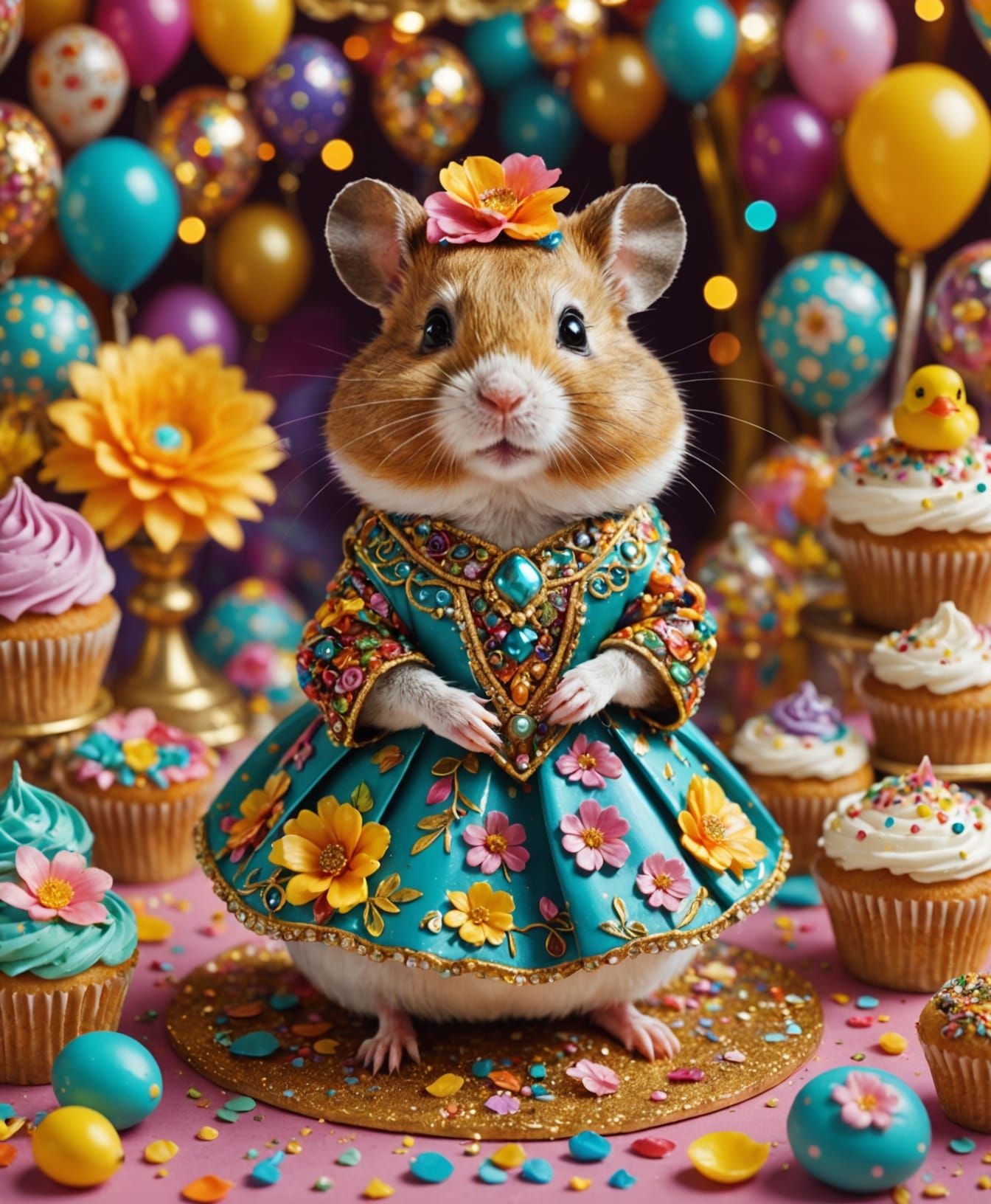 Whimsical Carnaval Scene with Hamster and Duck