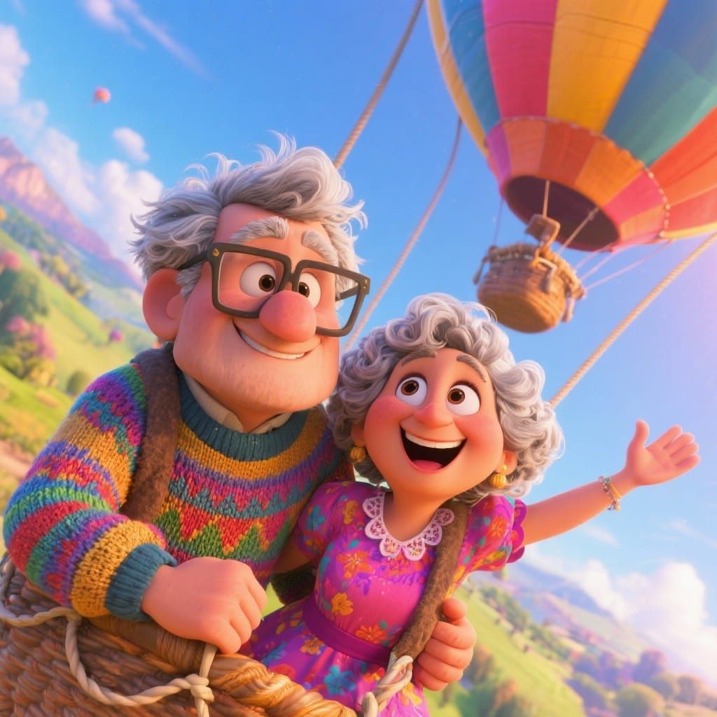 Pixar-Style Elderly Couple Flying in Hot Air Balloon