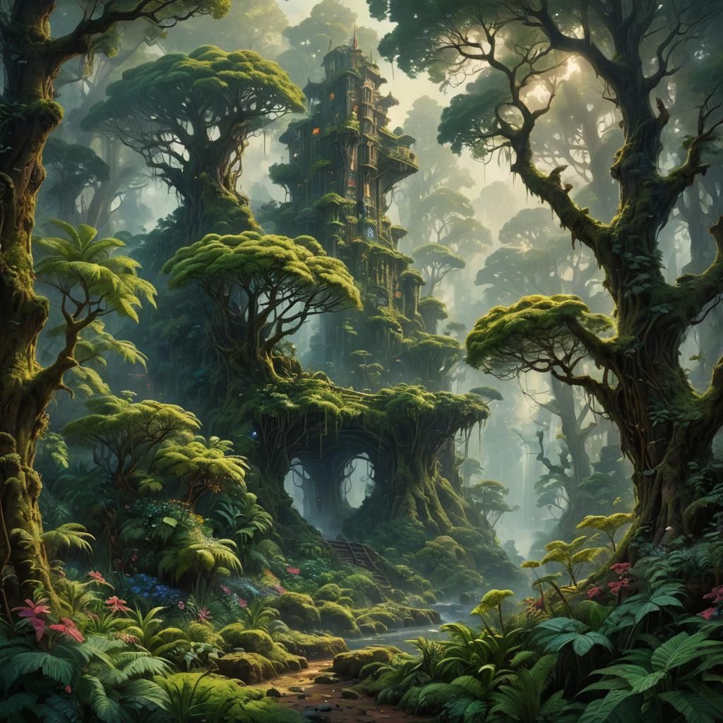 Cyborg Blends into Lush Ethereal Forest