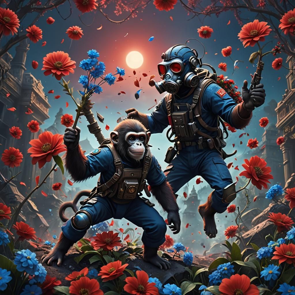 Monkey with Gas Mask Throwing Flowers