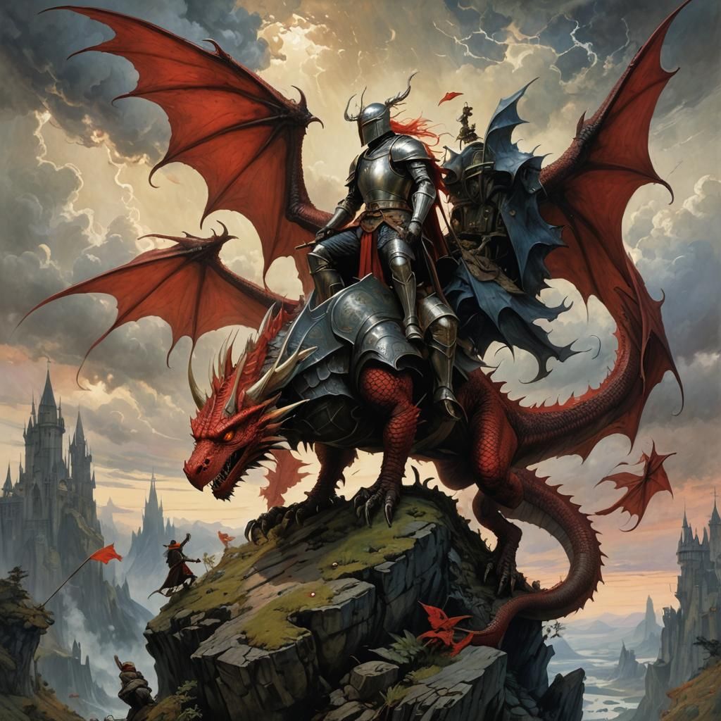 Surreal Knight on Red Winged Dragon