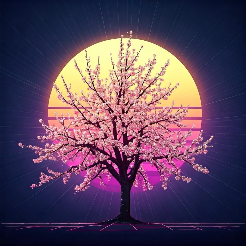 Vibrant Almond Tree Blossoms in Ethereal Sunset Glow