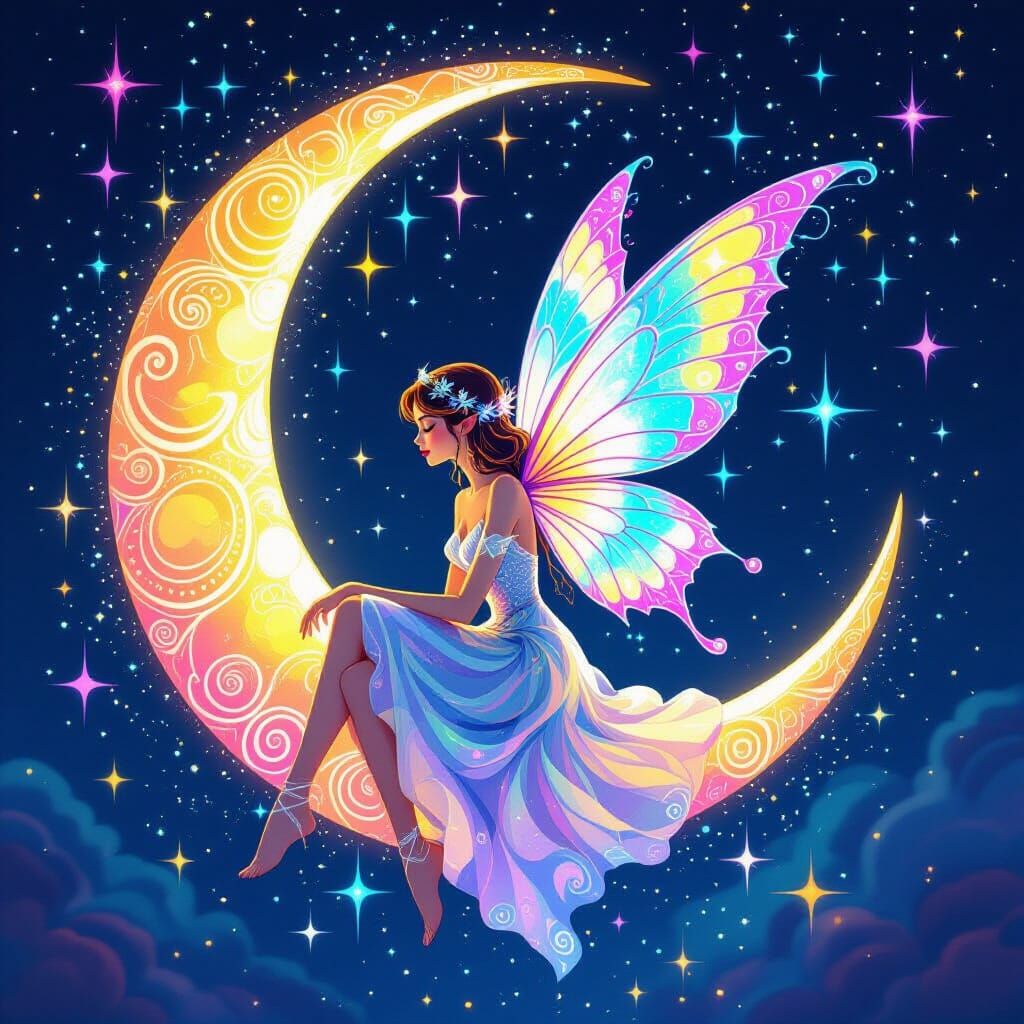 Whimsical Fairy on Crescent Moon in Cosmic Hues