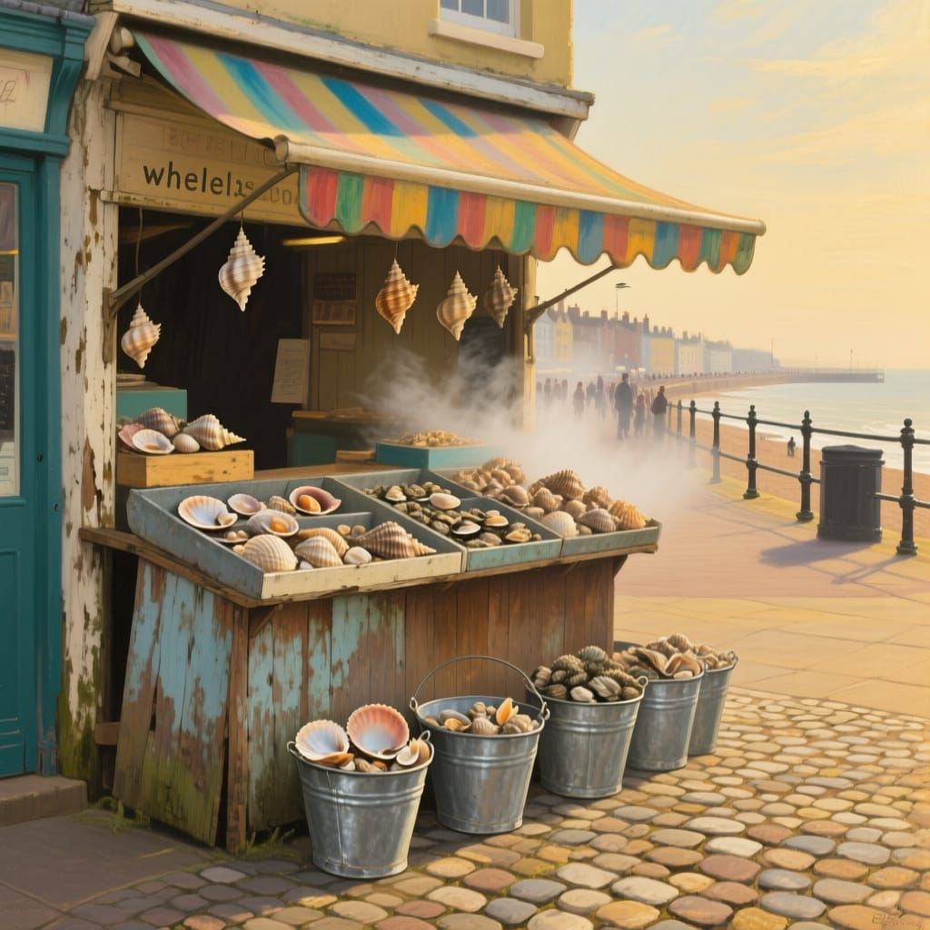 Seaside Whelk Stall in Golden Hour Oil Painting Style