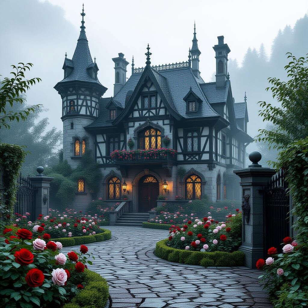 Gothic Medieval Manor in Misty Rose Garden