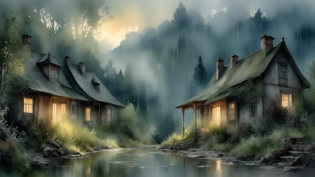 Mountain Village Enduring Rainstorm as Baroque Watercolor