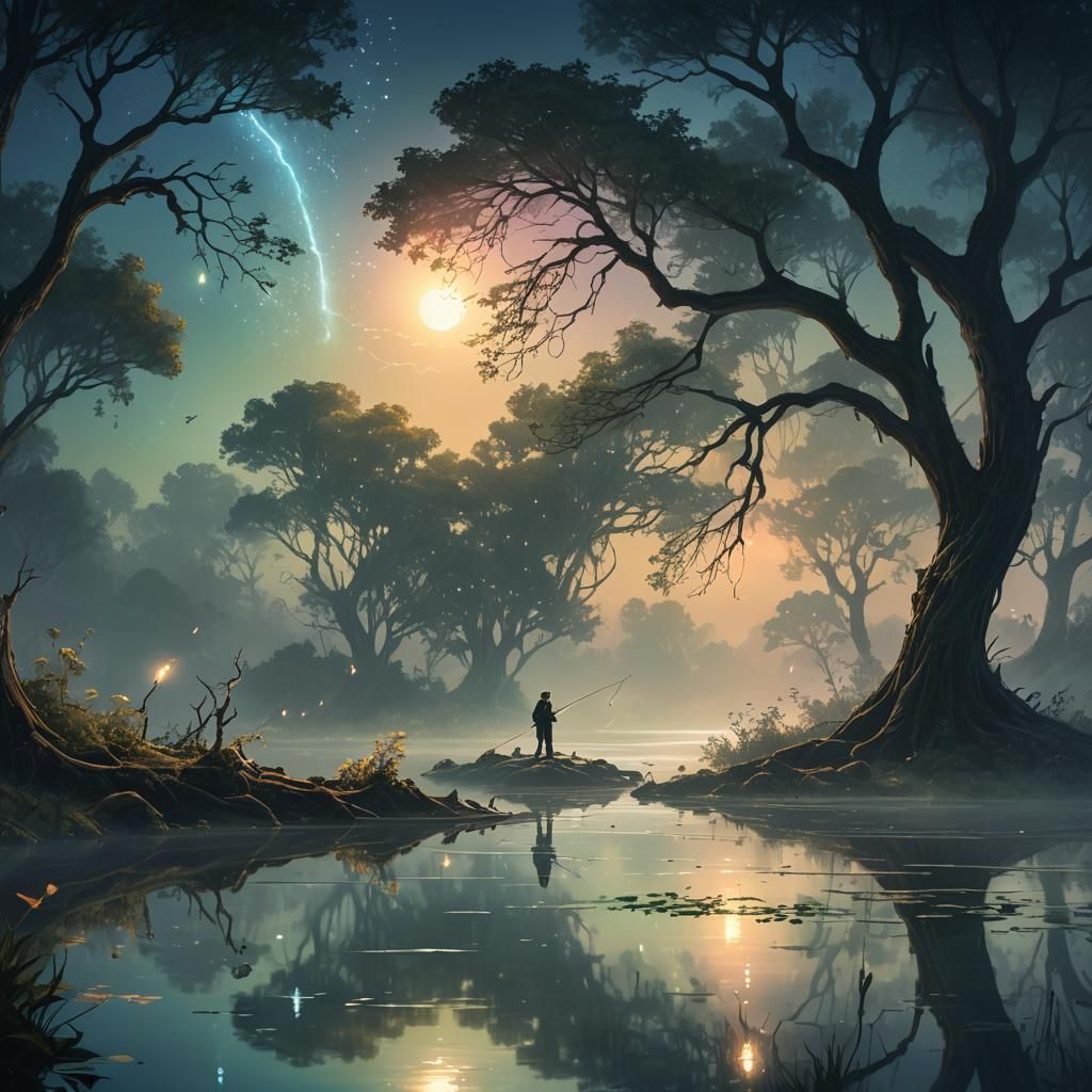 Fisherman on Moonlit Pond: Fantasy Digital Art