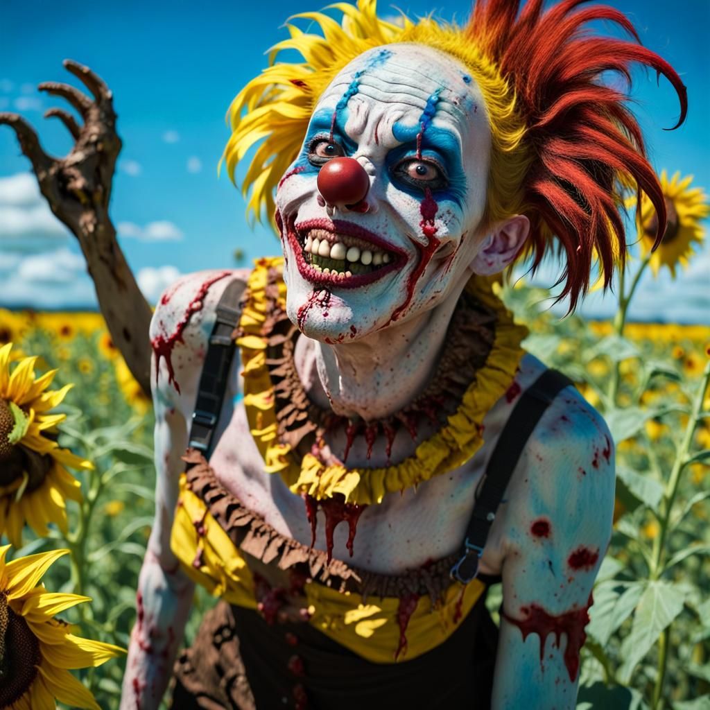 Grotesque Zombie Monkey Clown in Sunflower Field