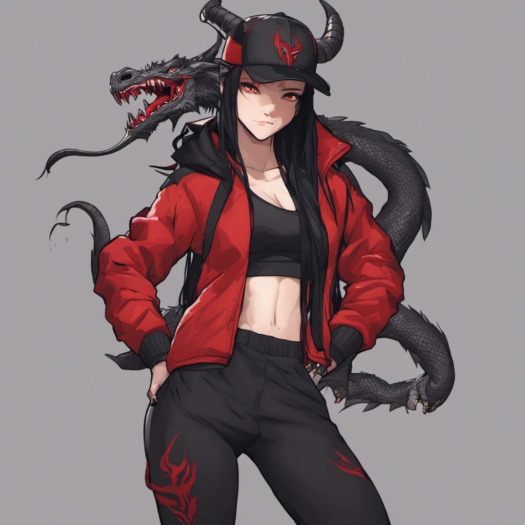 Female Dragon with Black Hair and Red Eyes