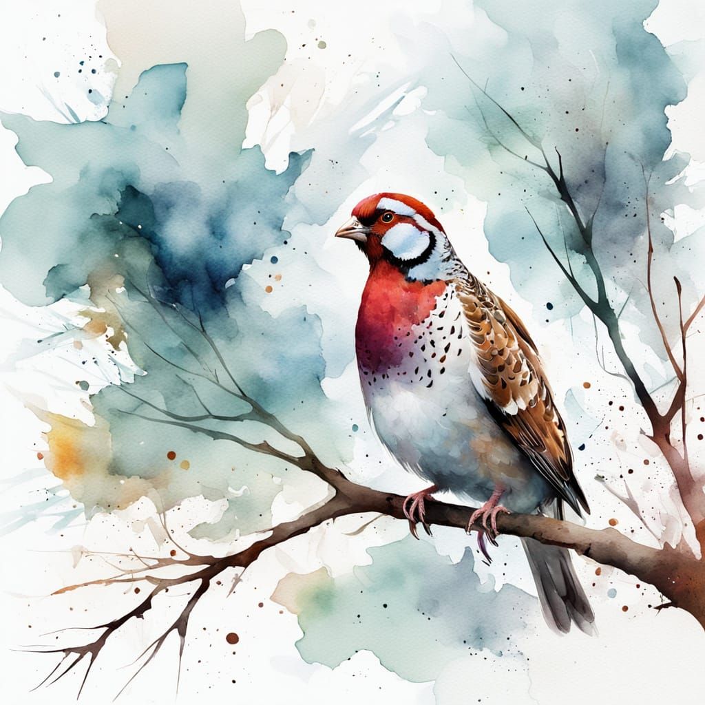 Dreamy Snowy Winterscape with Perched Partridge in Whimsical...