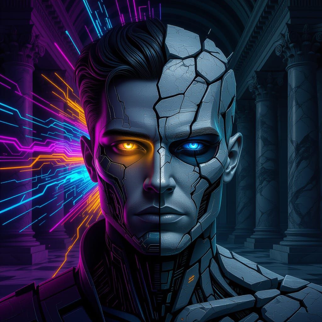Cyberpunk Man Portrait with Shattered Monochromatic Half