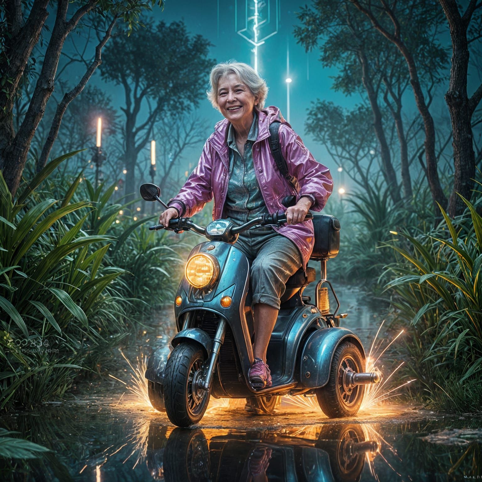 Elderly Woman Rides Rocket Scooter Through Swamp