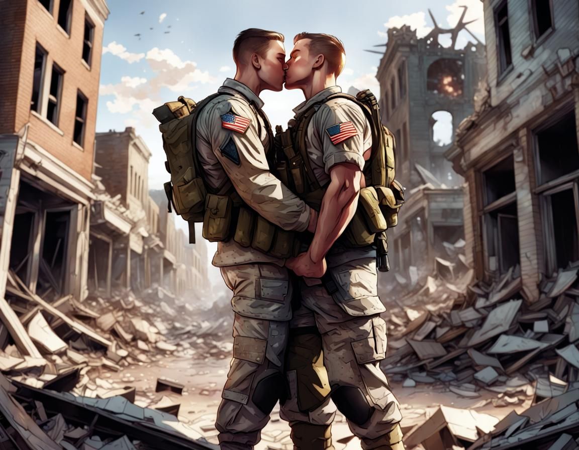 Gay soldier kissing in daylight