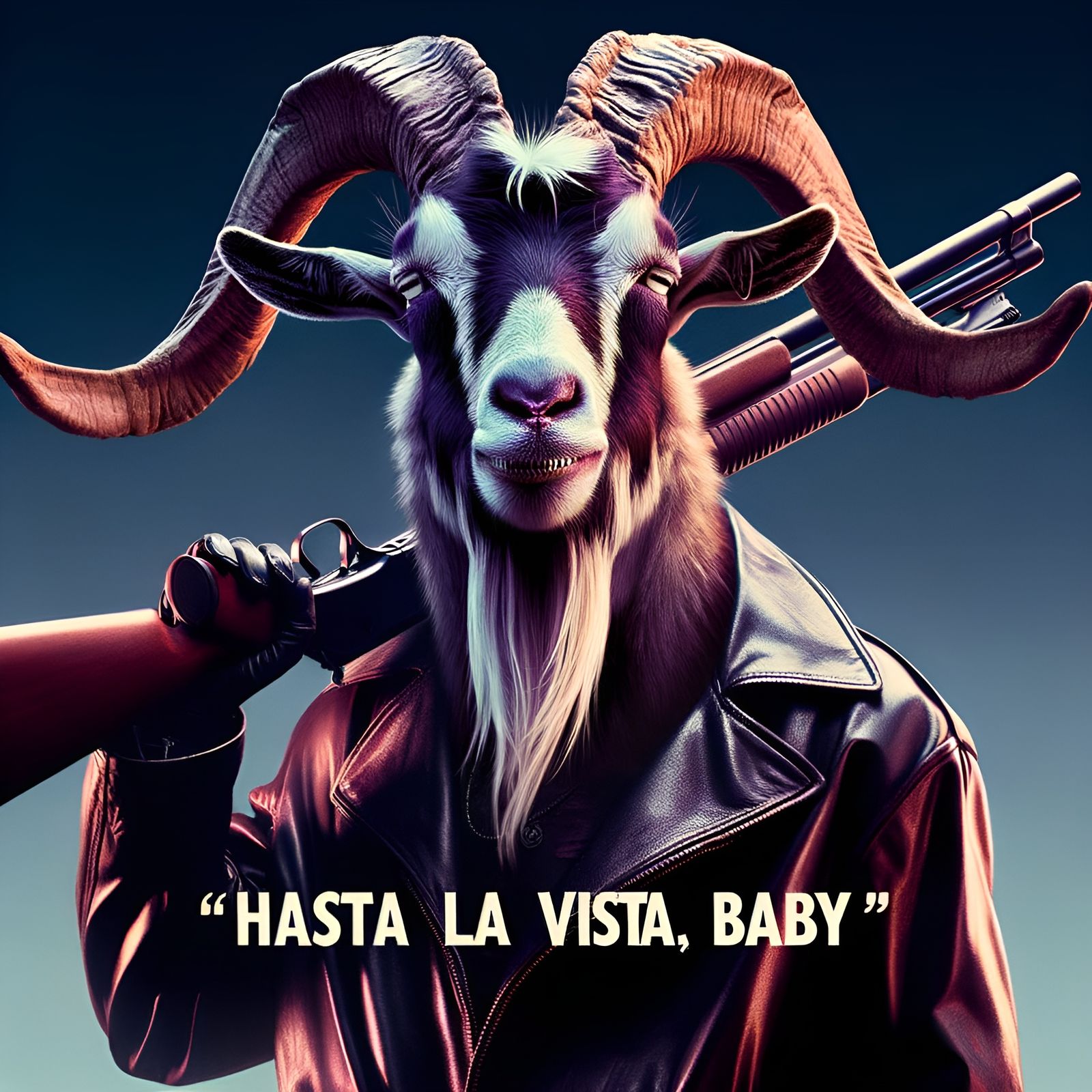 Sci-Fi Goat Action Hero Saying Hasta la Vista