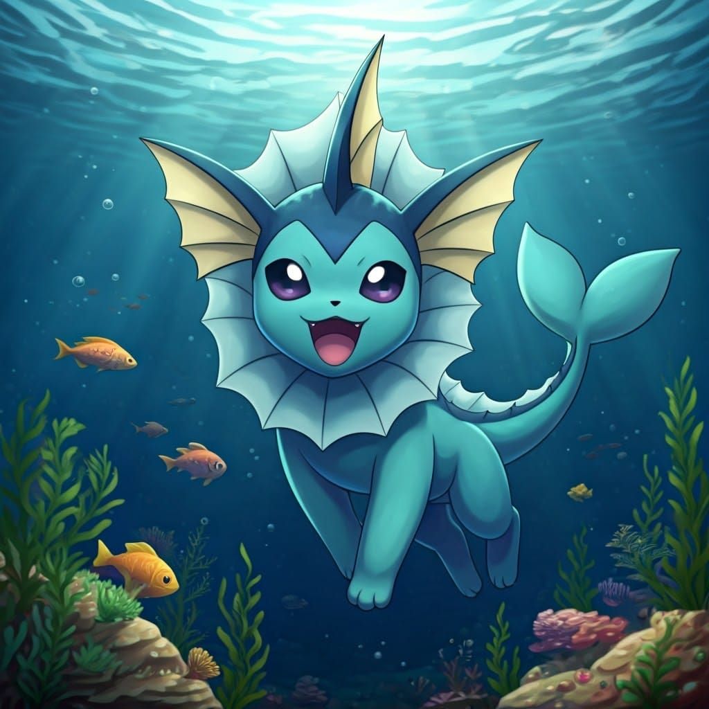 Vaporeon Swimming Happily in the Ocean