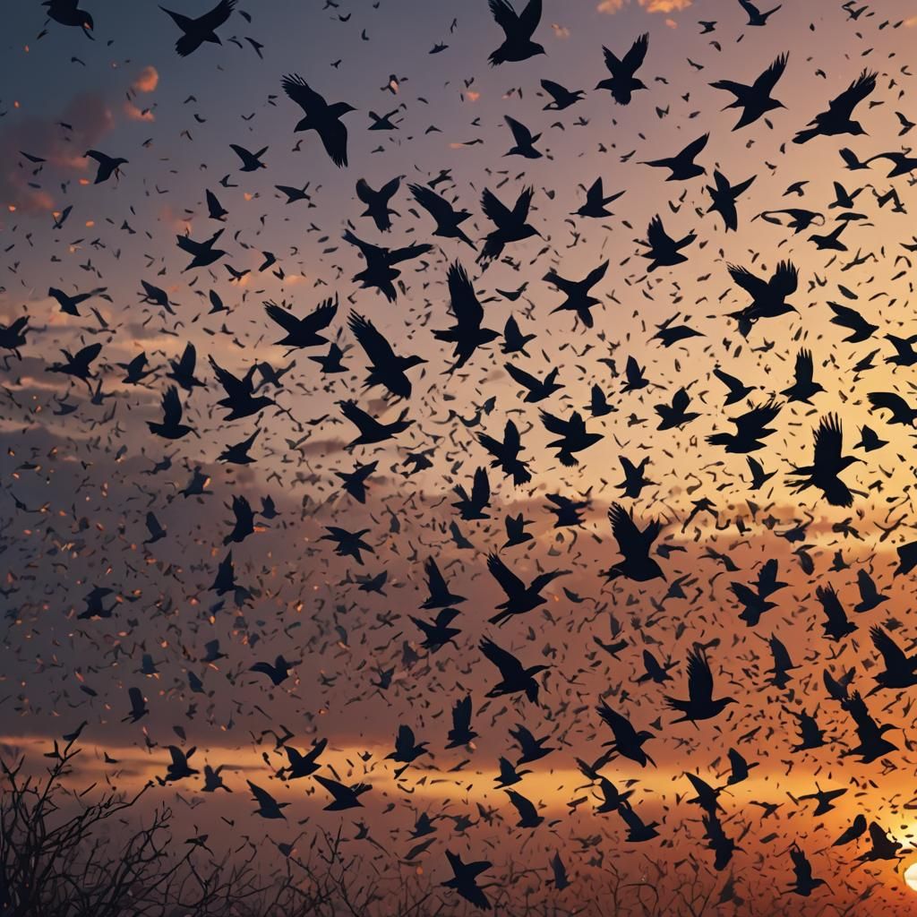 Starlings Flock Against Sunset: Detailed Matte Painting