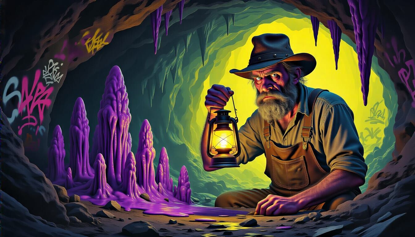 Miner Explores Purple Cave Art in Dynamic Fantasy Style