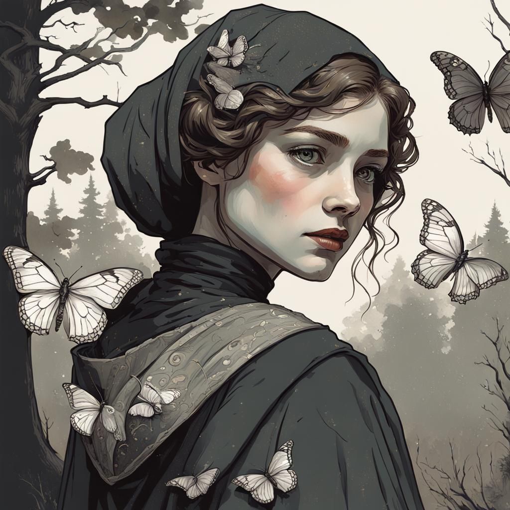 Girl in Witchy Attire with Butterflies, Vintage Style
