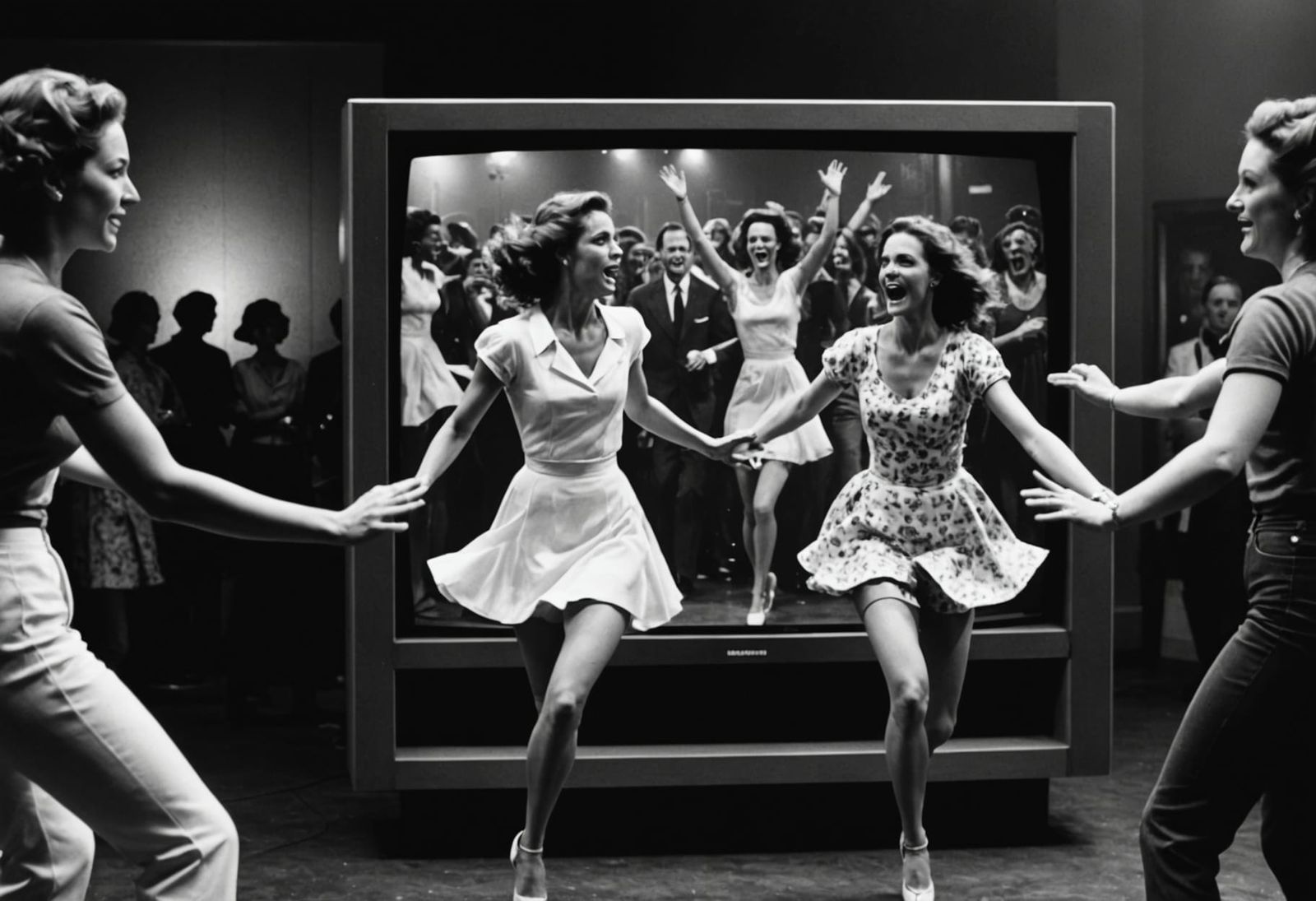 Hyperrealistic Black and White TV with Dancing Women