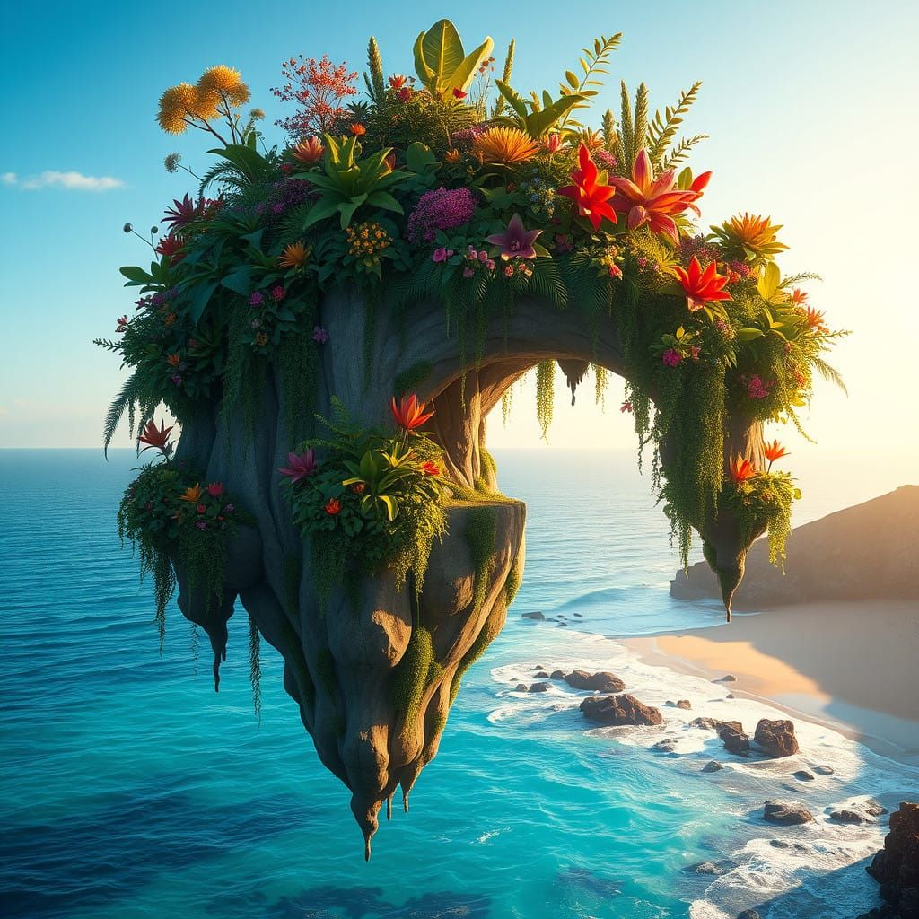 Surreal Garden Suspended Over Azure Ocean in Golden Light