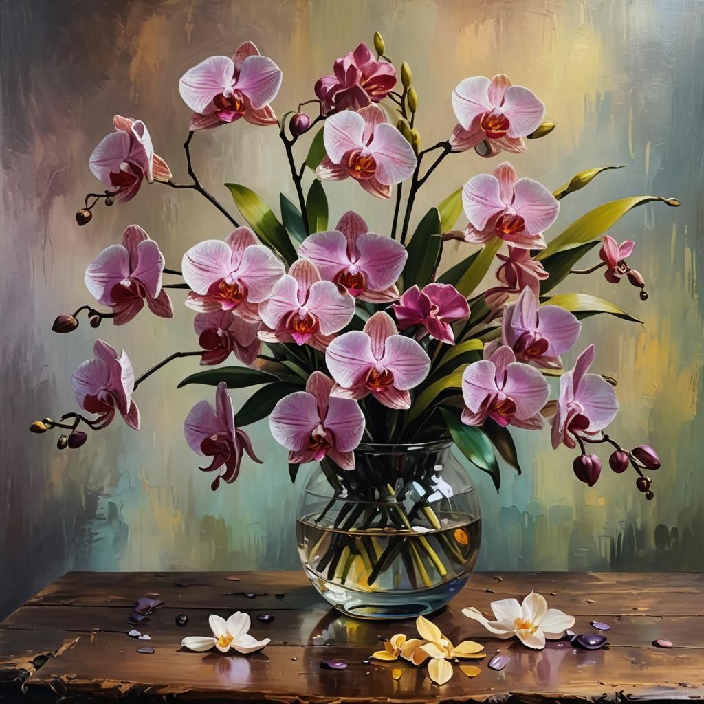 Orchids in Glass Vase: Vibrant Oil Painting
