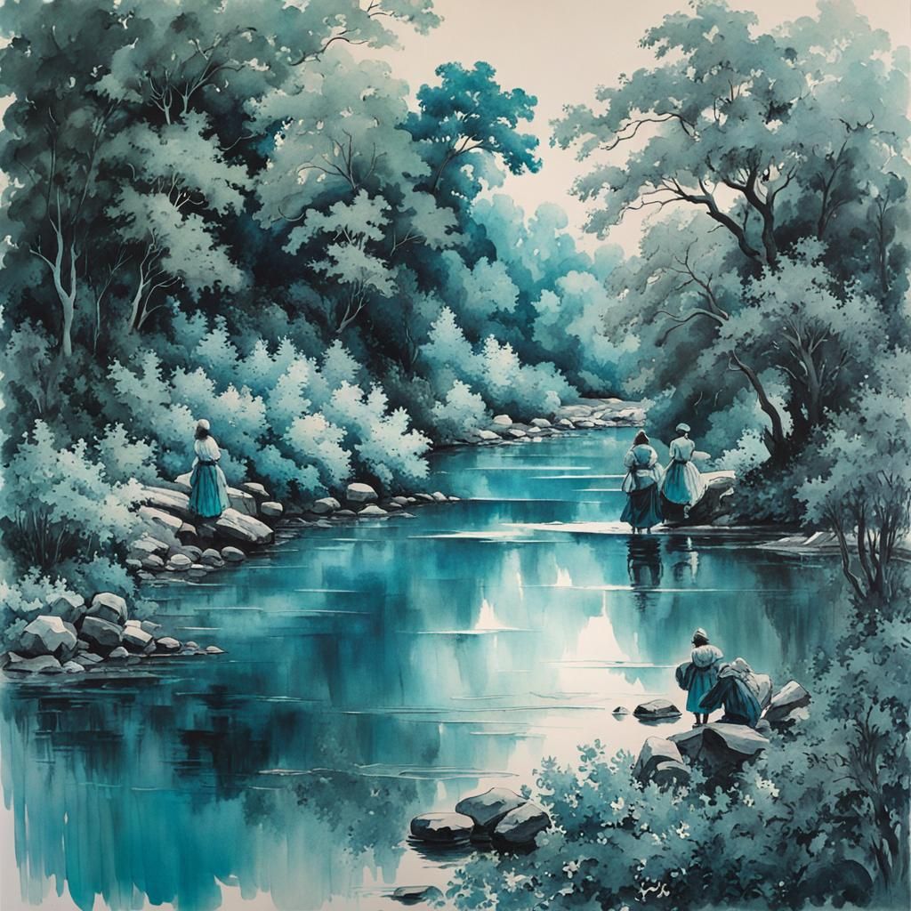Turquoise Ink Wash: Girls at River