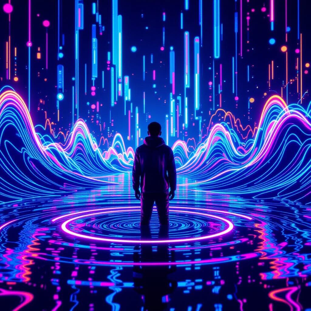 Neon Soundscape: Futuristic Figure in Living Ocean of Sound