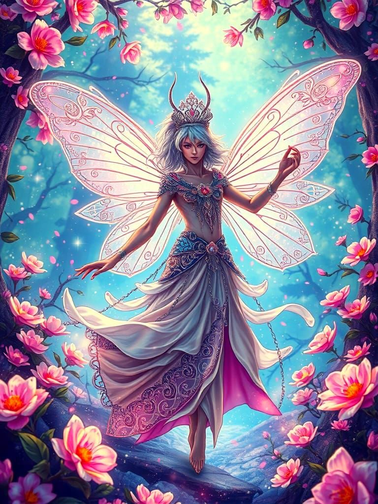 Moth Fairy Dances in Psychedelic Forest: Detailed Splash Art