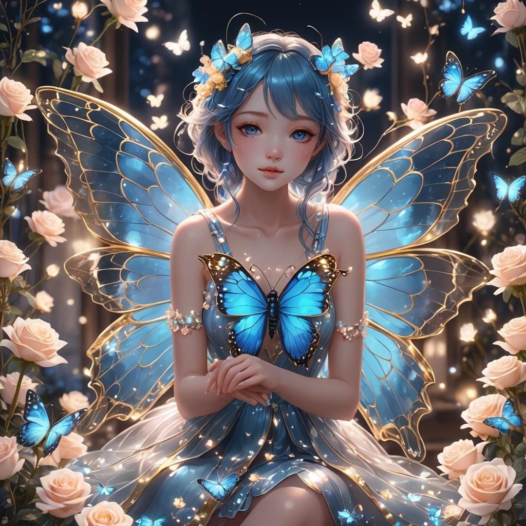 Glowing Blue Butterfly on Roses, 3D Anime Art