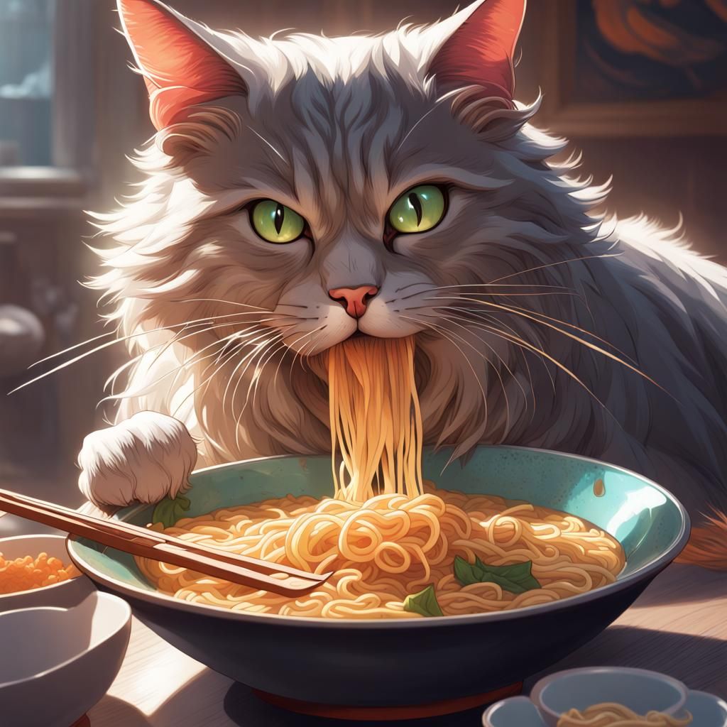 Hyperdetailed Cat Enjoys Ramen: Artstation Concept Art