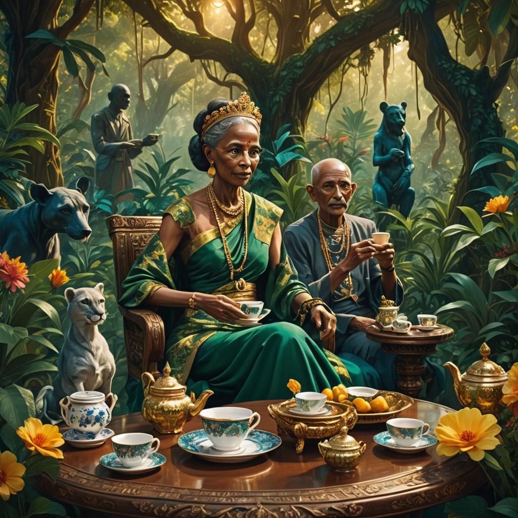 Gandhi and African Queen Tea Party in Jungle