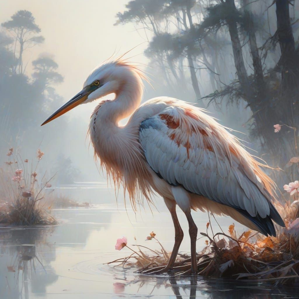 Fantasy Heron on Lake at Dusk with Vibrant Pastel Colors