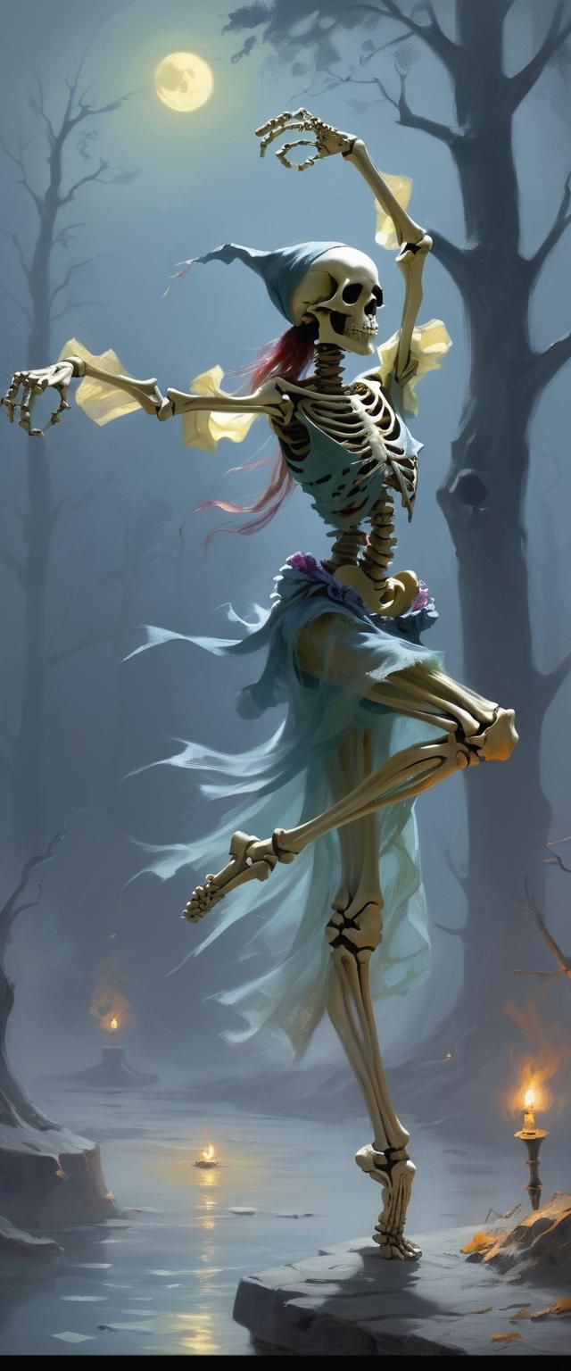 Sinister Skeleton Dancing in Dark Fantasy Style