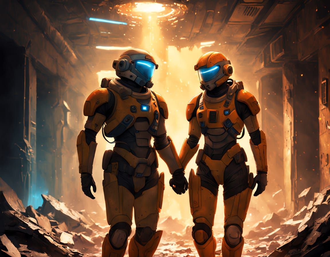 Space Operatives' Emotional Embrace: Anime-Style Digital Art