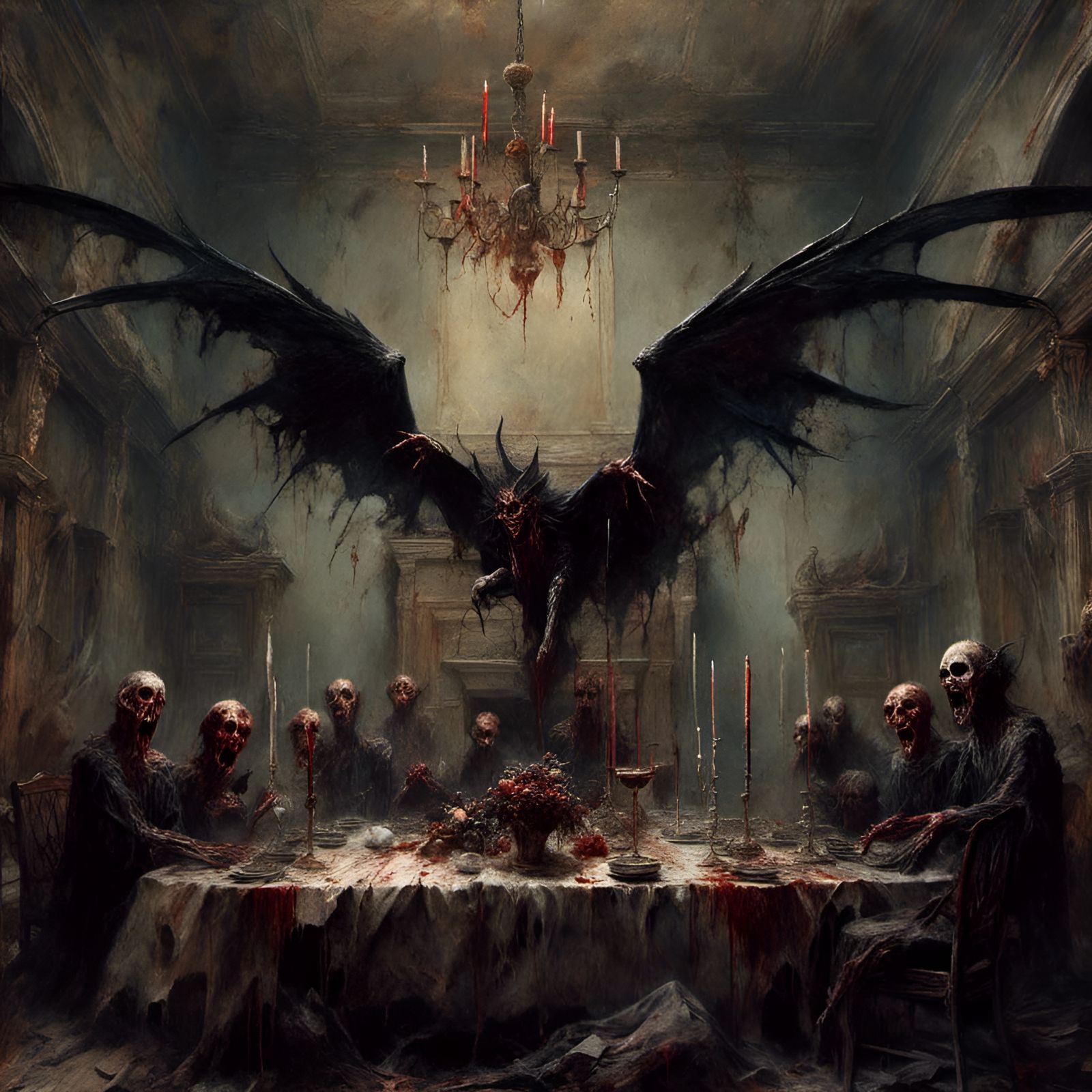 Demonic Gargoyle Crashes Angelic Feast: Macabre Illustration