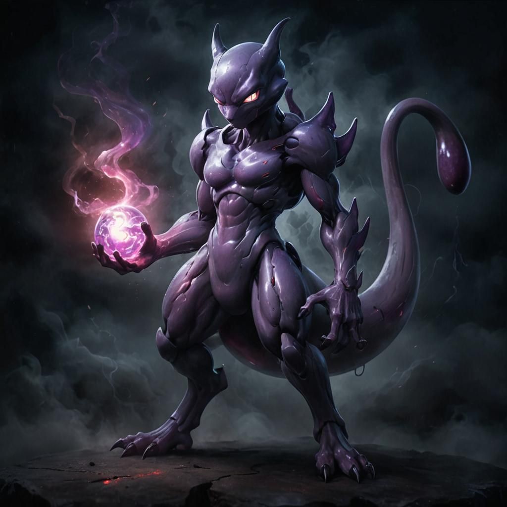 dark mewtwo pokemon with sharp claws, glowing eyes, spiked t...