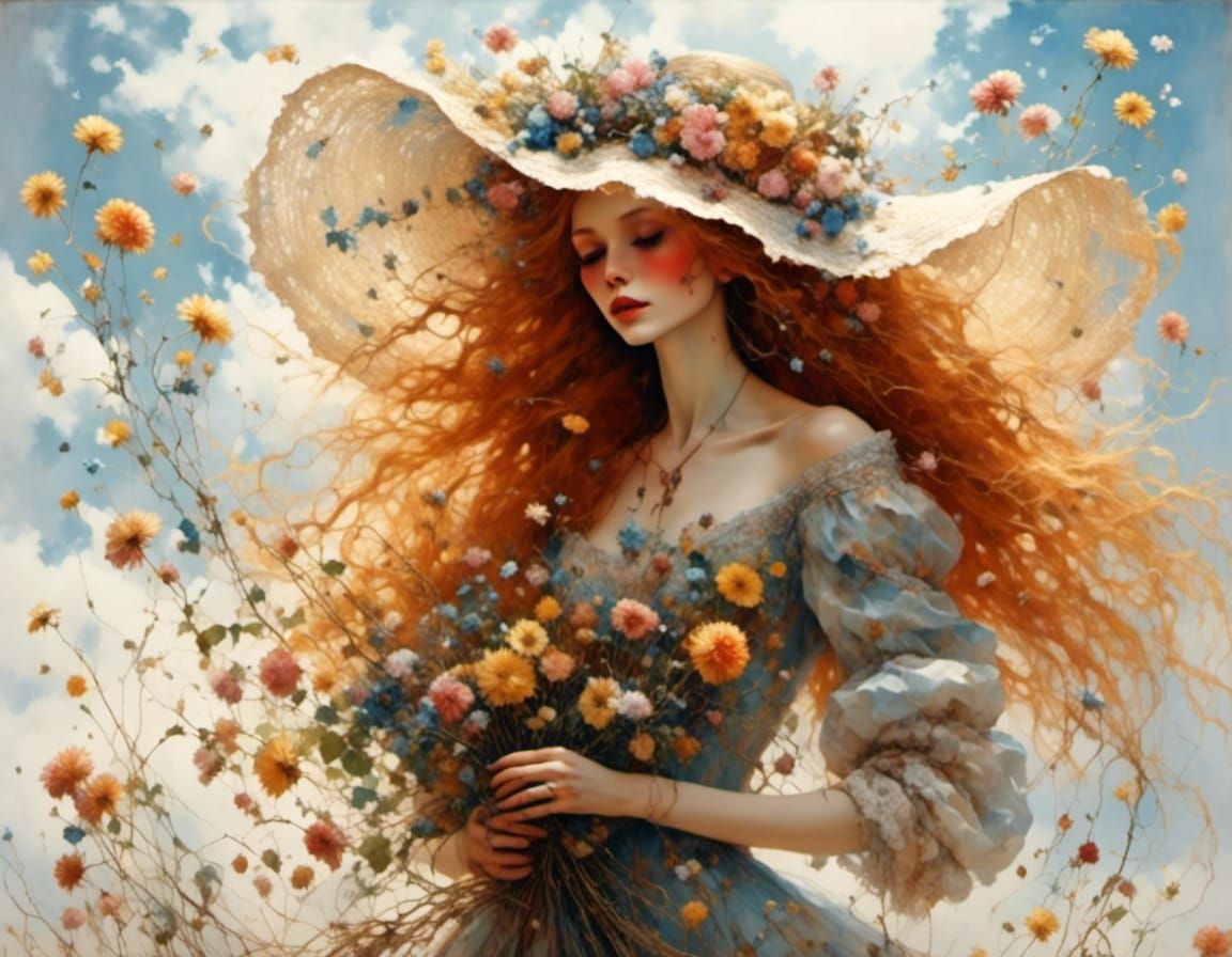 Ginger Woman with Flowers in Moody Gothic Style