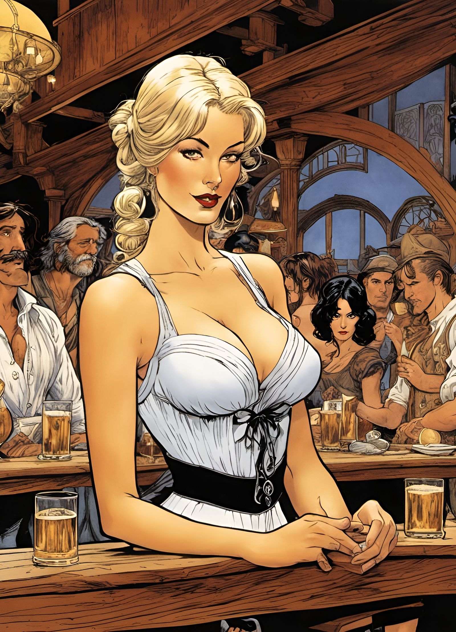 Beautiful Tavern Wench Flirting, Comic Book Illustration