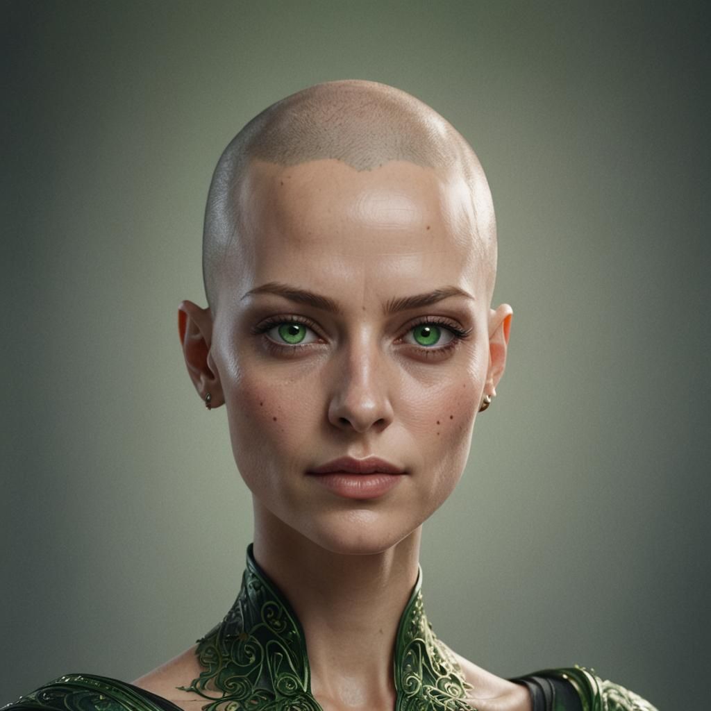 Striking Portrait of a Bald Woman with Green Eyes