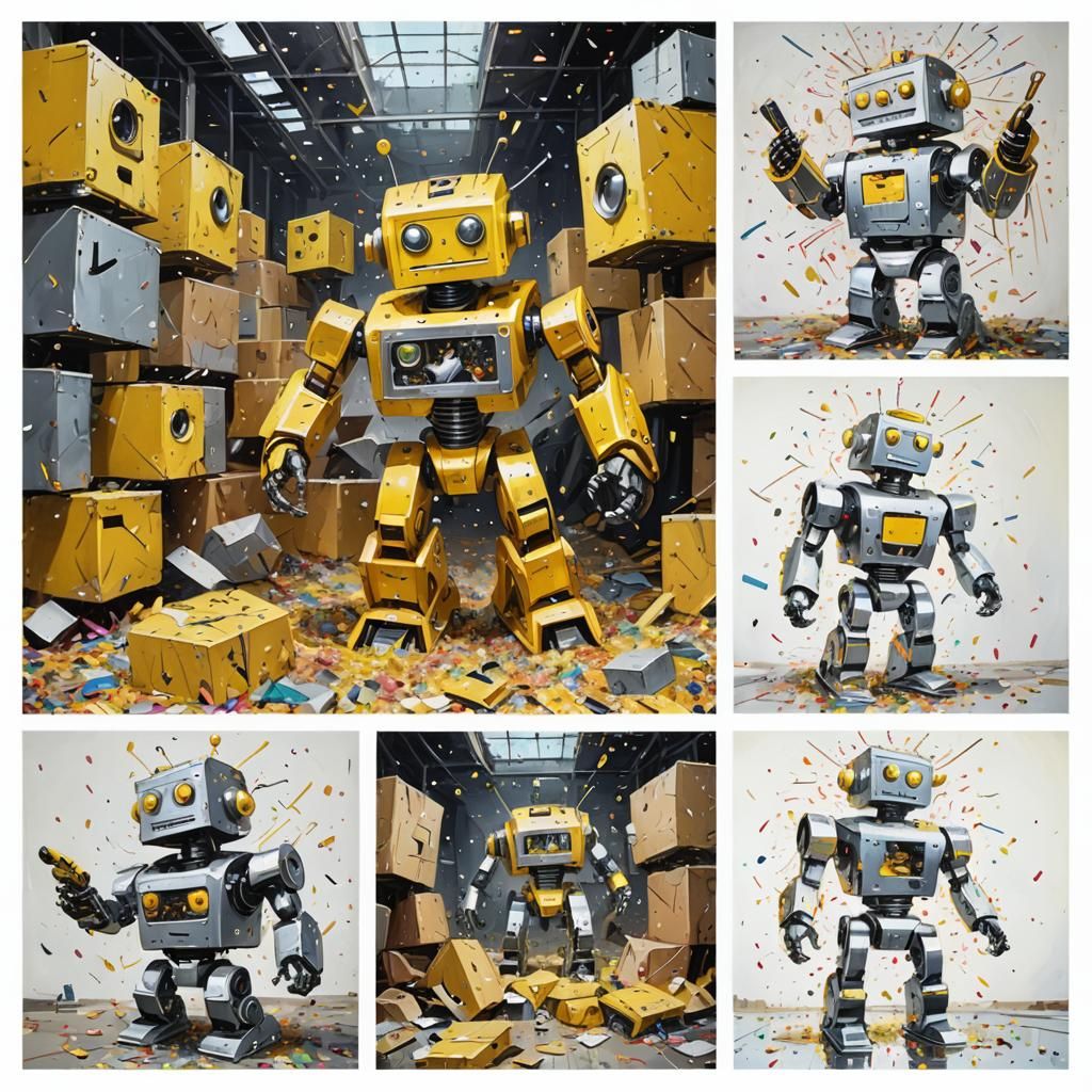 Angry Robots Smashing Glitter: Retrofuturist Oil Painting