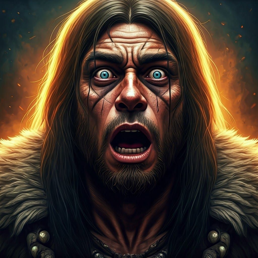 Scared Barbarian in Hyperrealistic Splash Art Style