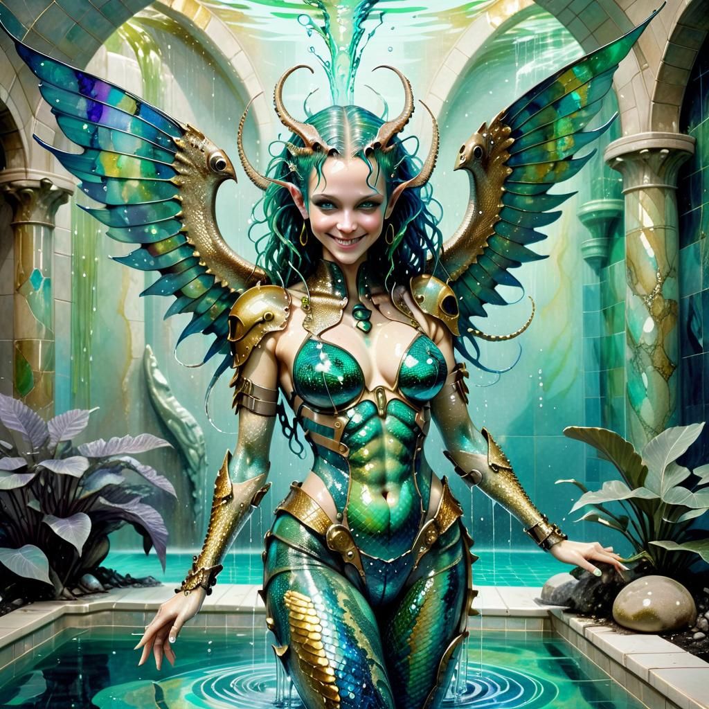 Winged Cyborg Siren in Underwater Atlantis Dreamscape