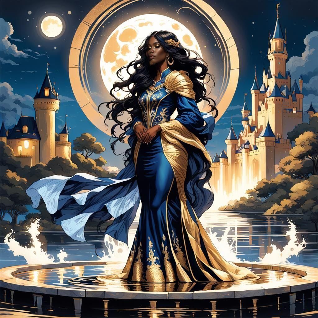 Woman in Gown Gazing at Moonlit Castle
