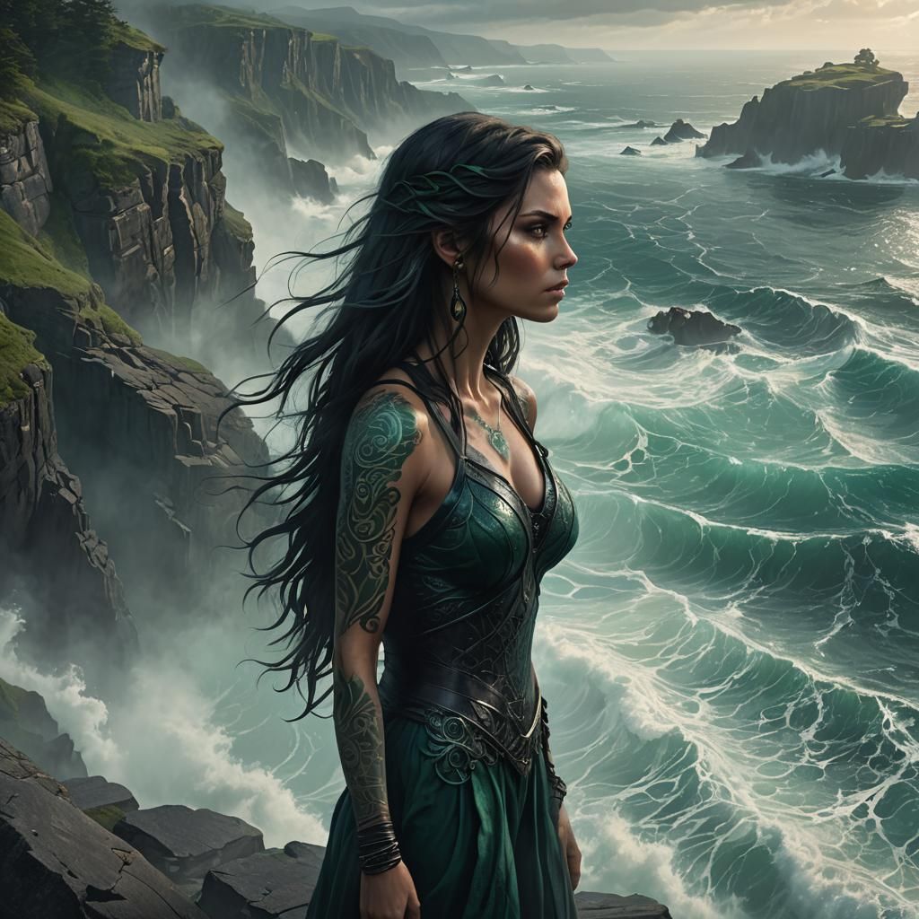 Dark Fantasy Woman Gazing at a Turbulent Ocean