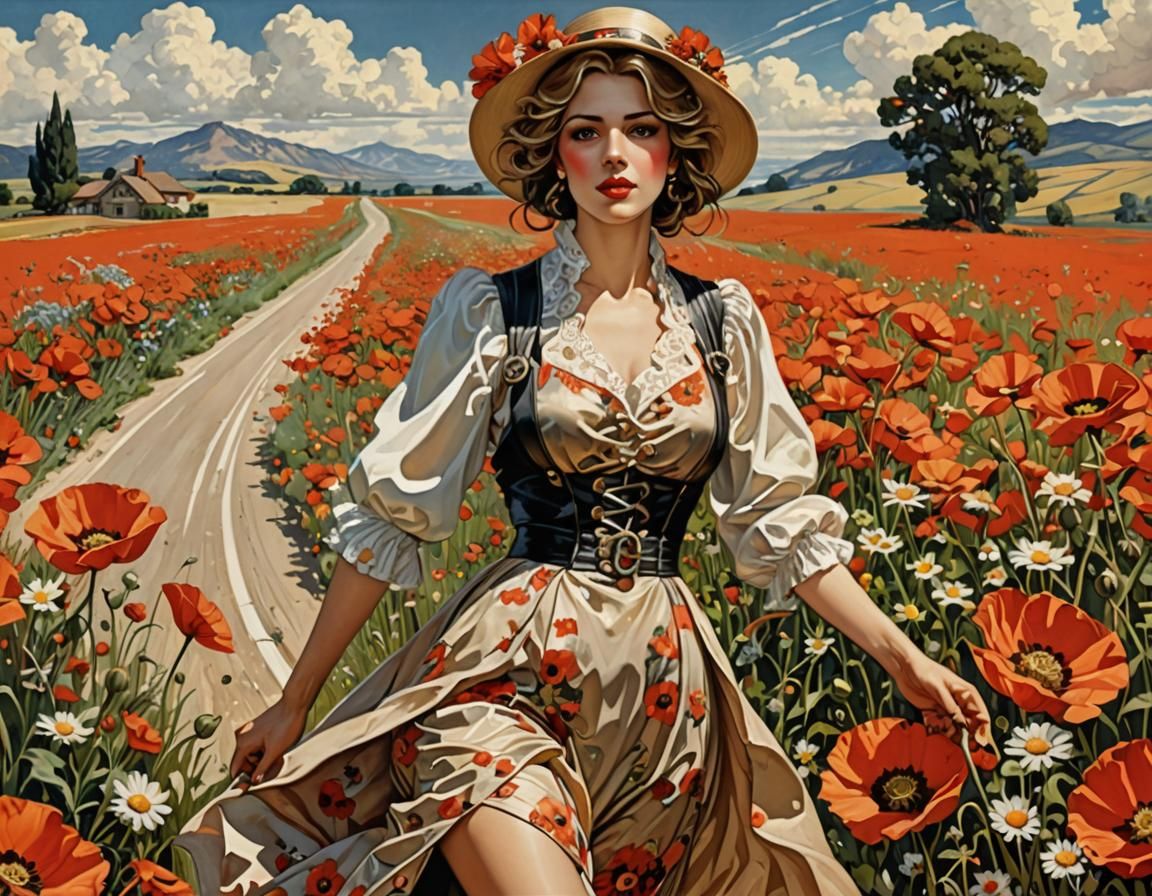 Woman Hitchhiking Among Poppies: Leyendecker Style