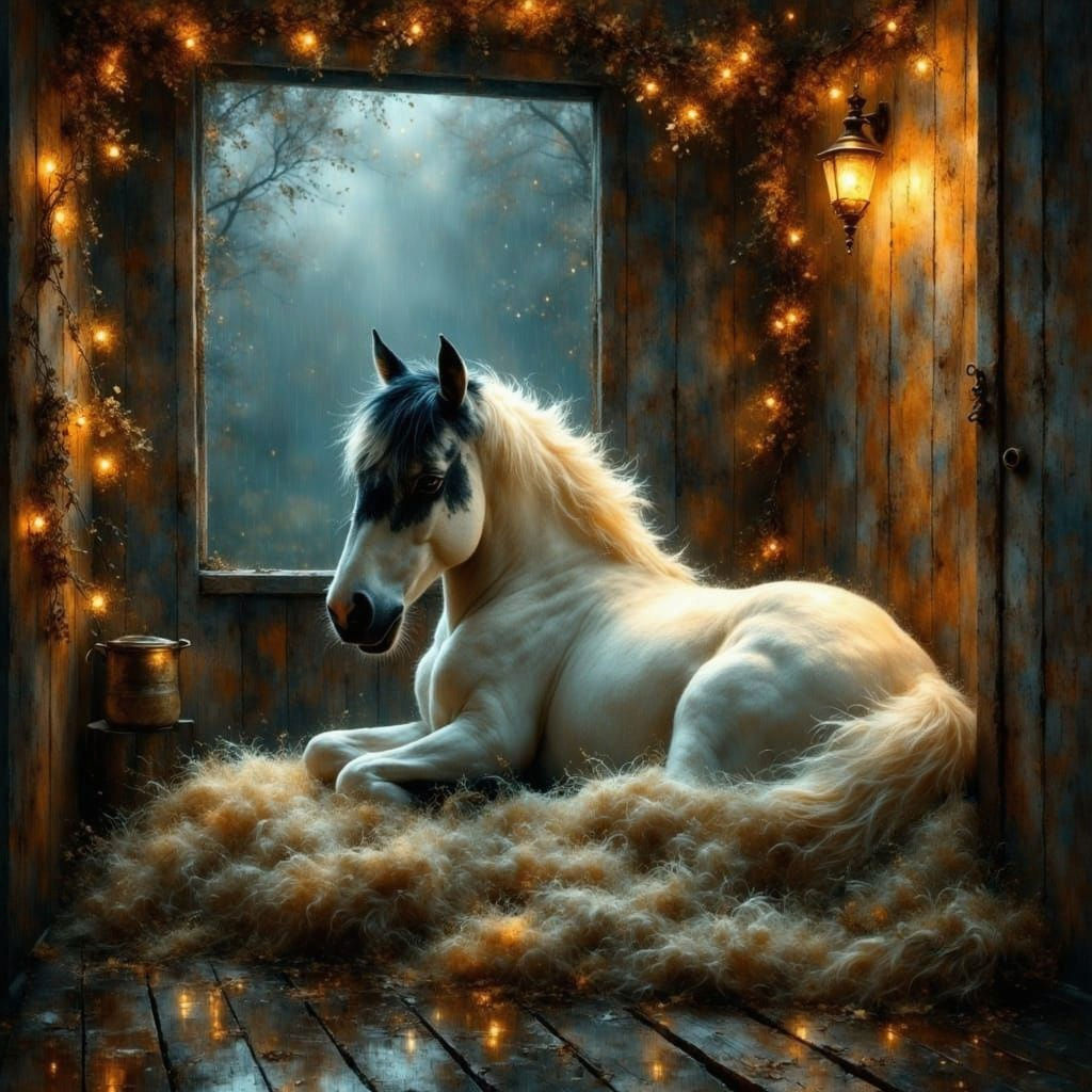 Cozy Foal in Stall During Storm, in Art Nouveau Style
